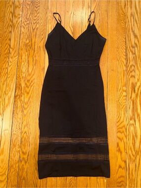 Mystic Black Spaghetti-Strap Midi Dress with Sheer Paneling